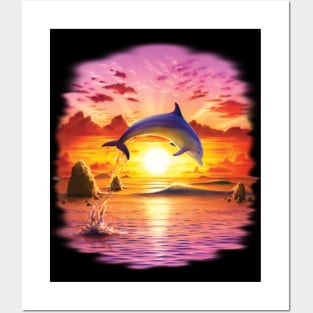 Dolphin dancing in sunset Posters and Art